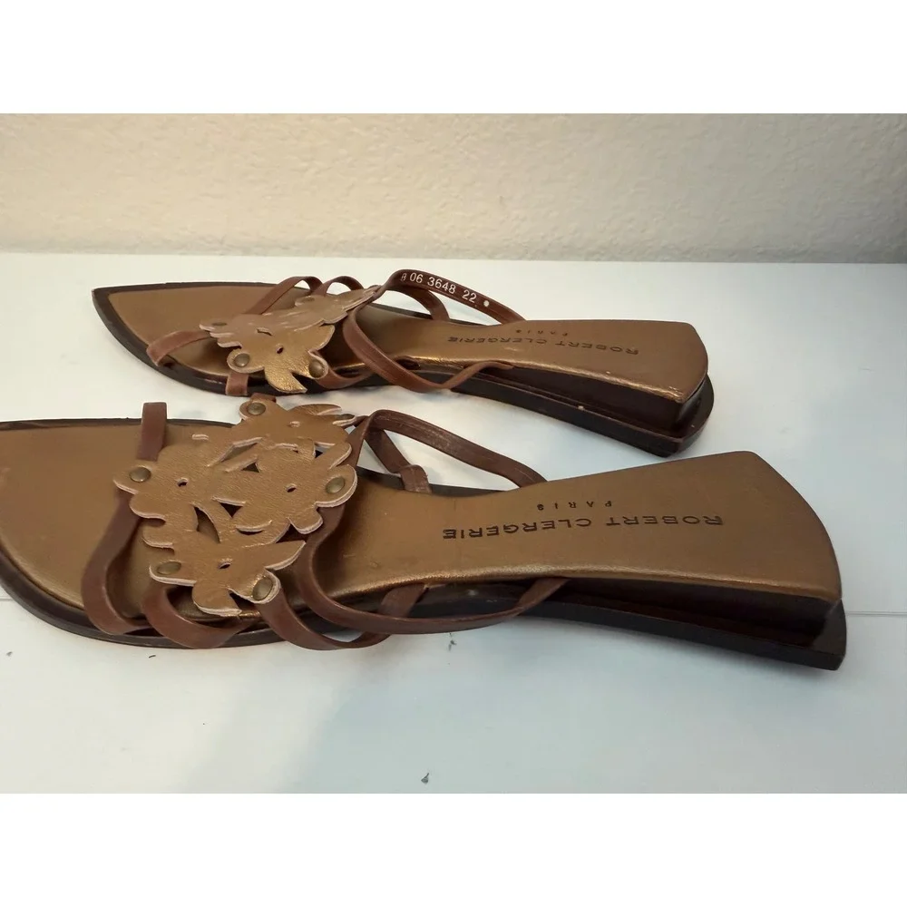 Robert Clergerie Paris Leather Floral Strappy Flat Sandals Brown Bronze Size 7